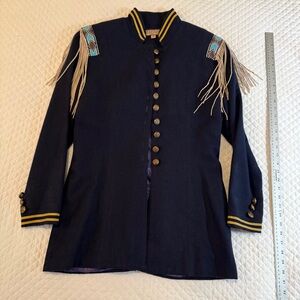 Vintage Double D Ranch Wear Navy Blue Fringe Military Inspired Wool Coat Medium